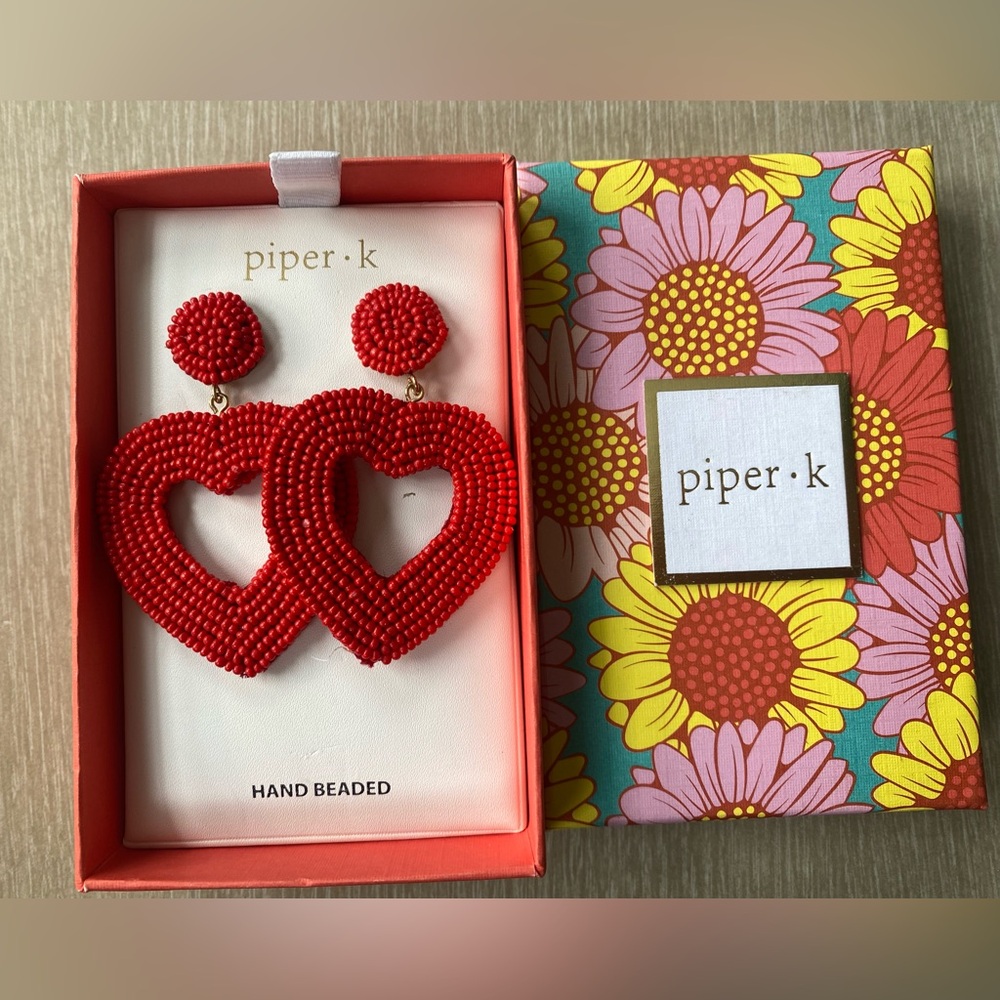 Piper K VALENTINES Large Red Heart Beaded Earrings